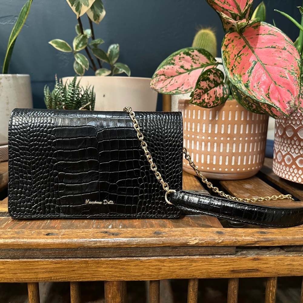 Massimo Dutti Black Crocodile Leather Small Crossbody Purse with Gold Chain